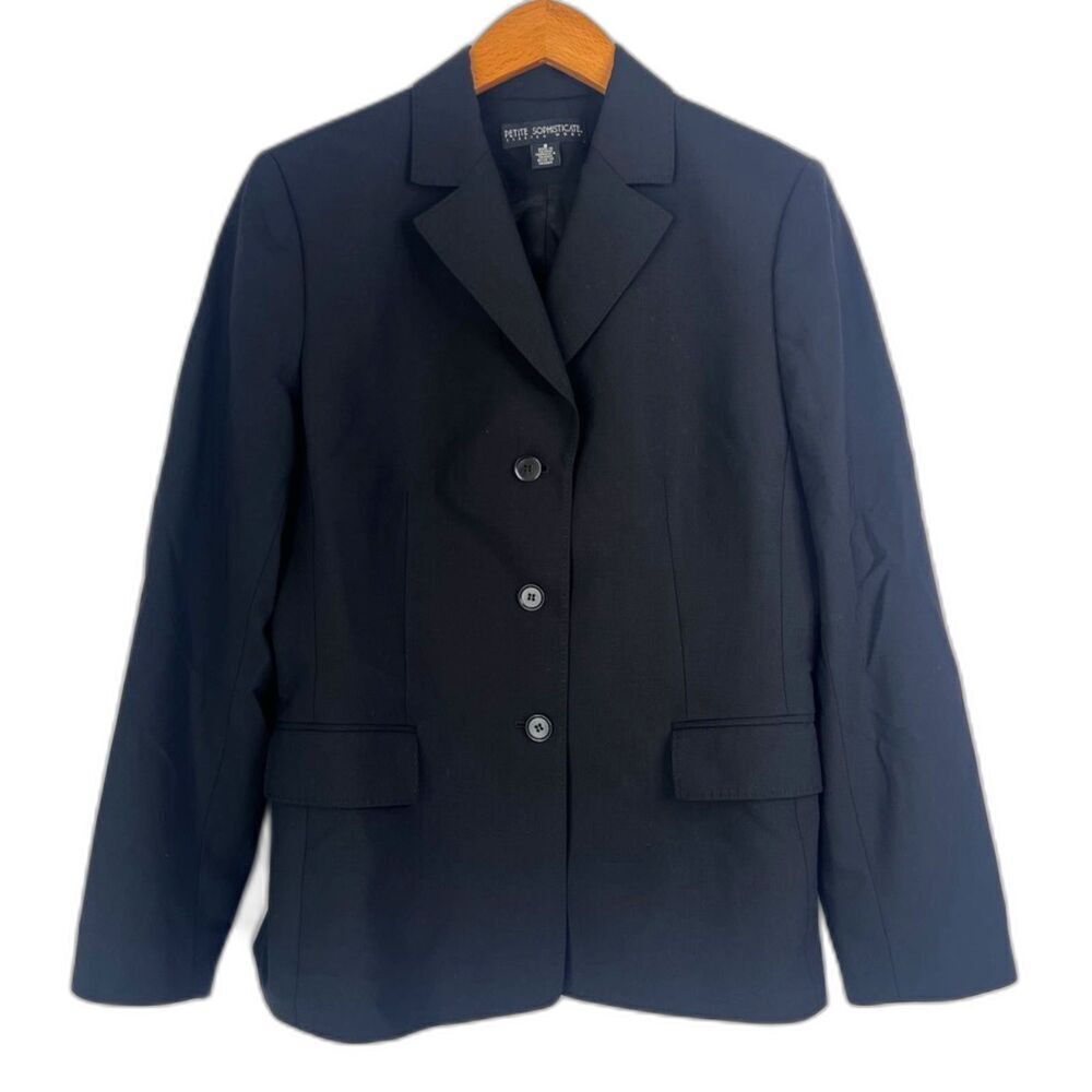 Petite Sophisticate Stretch 96% Wool Black Basic Blazer‎ Single Breasted Sz 8/MD